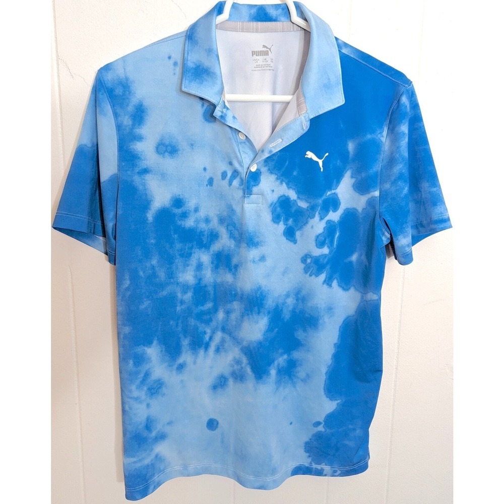 Puma Polo Shirt Size L Large UK 11-12Y BLue Tie Dye Short Sleeve Youth Golf Top